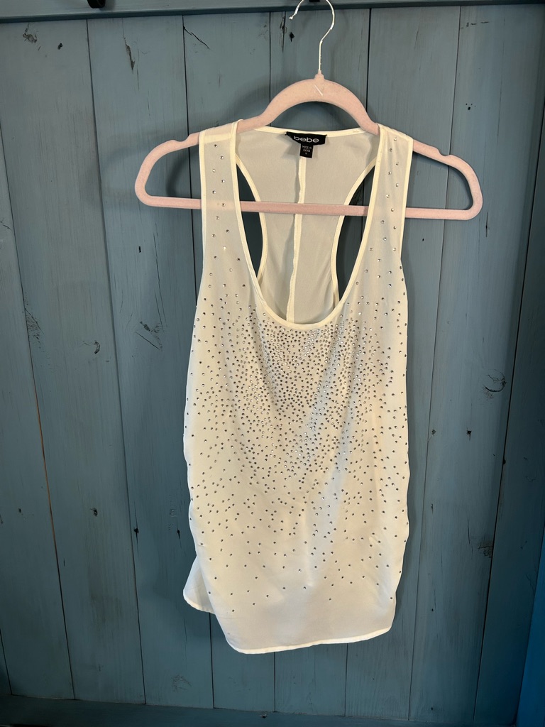 Bebe Ivory Racerback Tank With Crystal Studs